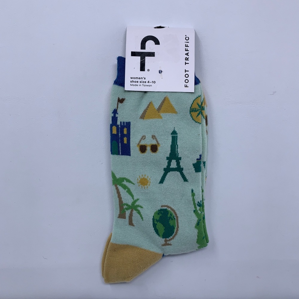 Foot Traffic Womens 4-10 Blue World Wanderer Travel Novelty Crew Socks NWT
